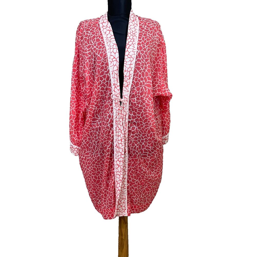 Oscar de la Renta Floral Robe Women M/L lightweight pink coral contrasting trim